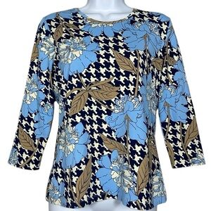 J. McLaughlin Houndstooth Floral Top Long Sleeve Blouse Blue Beige S